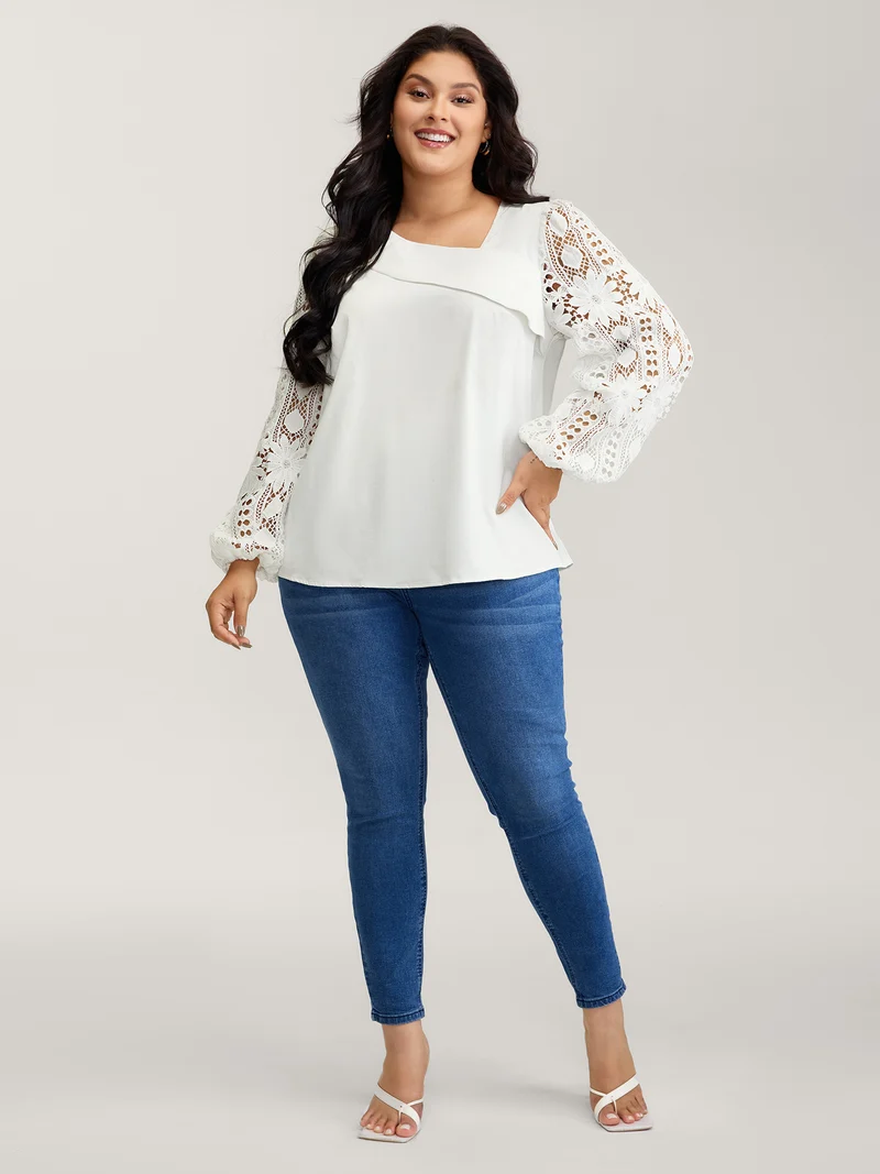 Sheer Lace Sleeve Asymmetrical Neckline Blouse