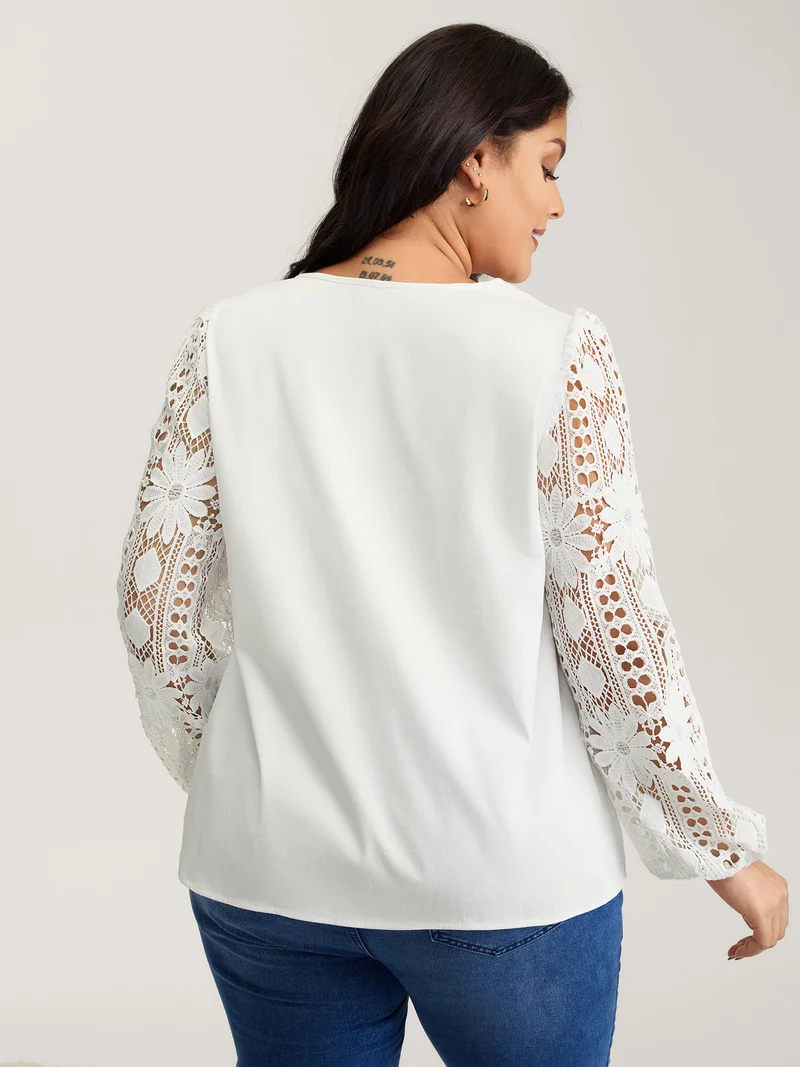 Sheer Lace Sleeve Asymmetrical Neckline Blouse