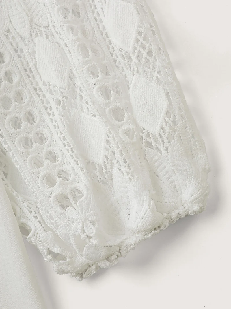 Sheer Lace Sleeve Asymmetrical Neckline Blouse