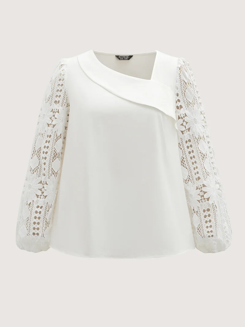 Sheer Lace Sleeve Asymmetrical Neckline Blouse