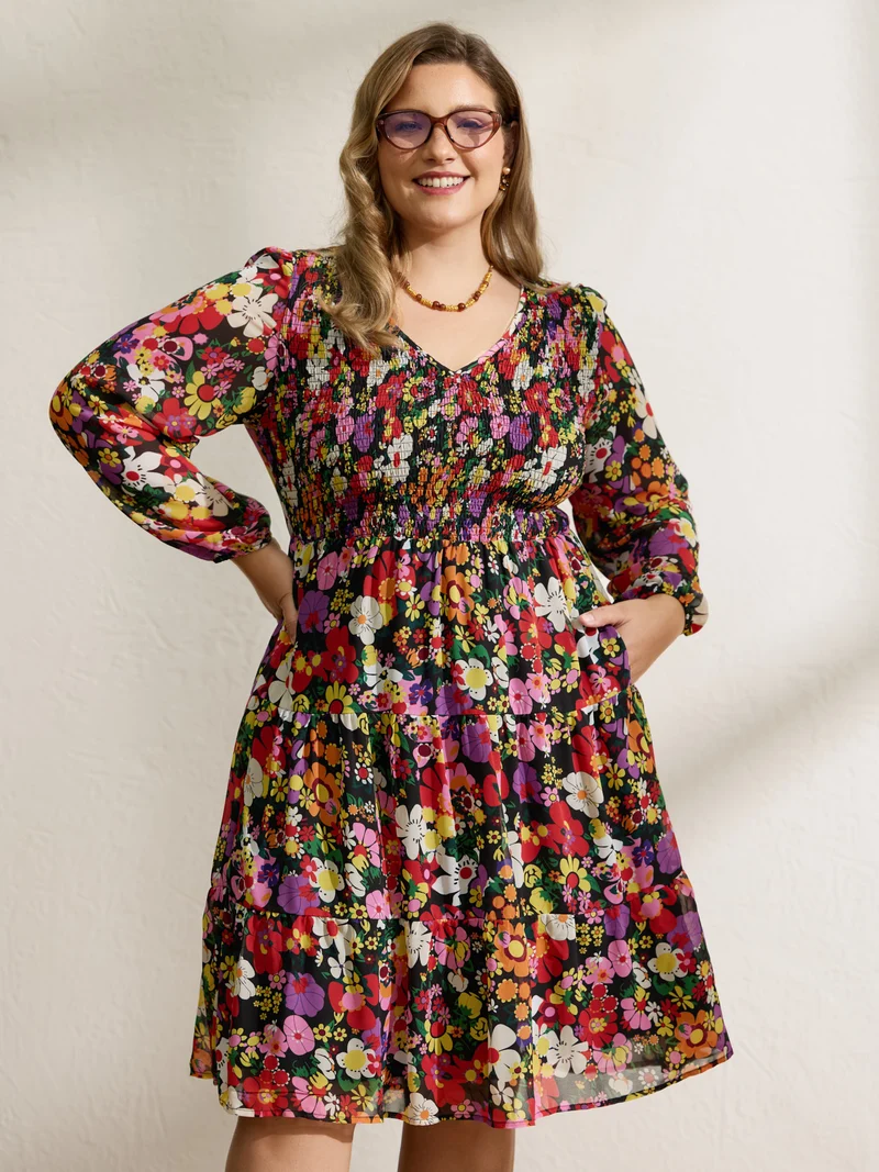 Floral Shirred Pockets Stretchy Waist Midi Dress