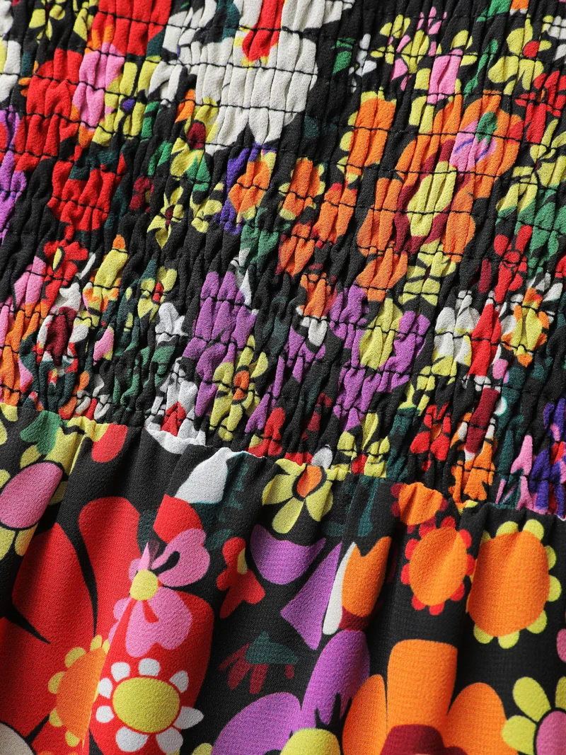 Floral Shirred Pockets Stretchy Waist Midi Dress
