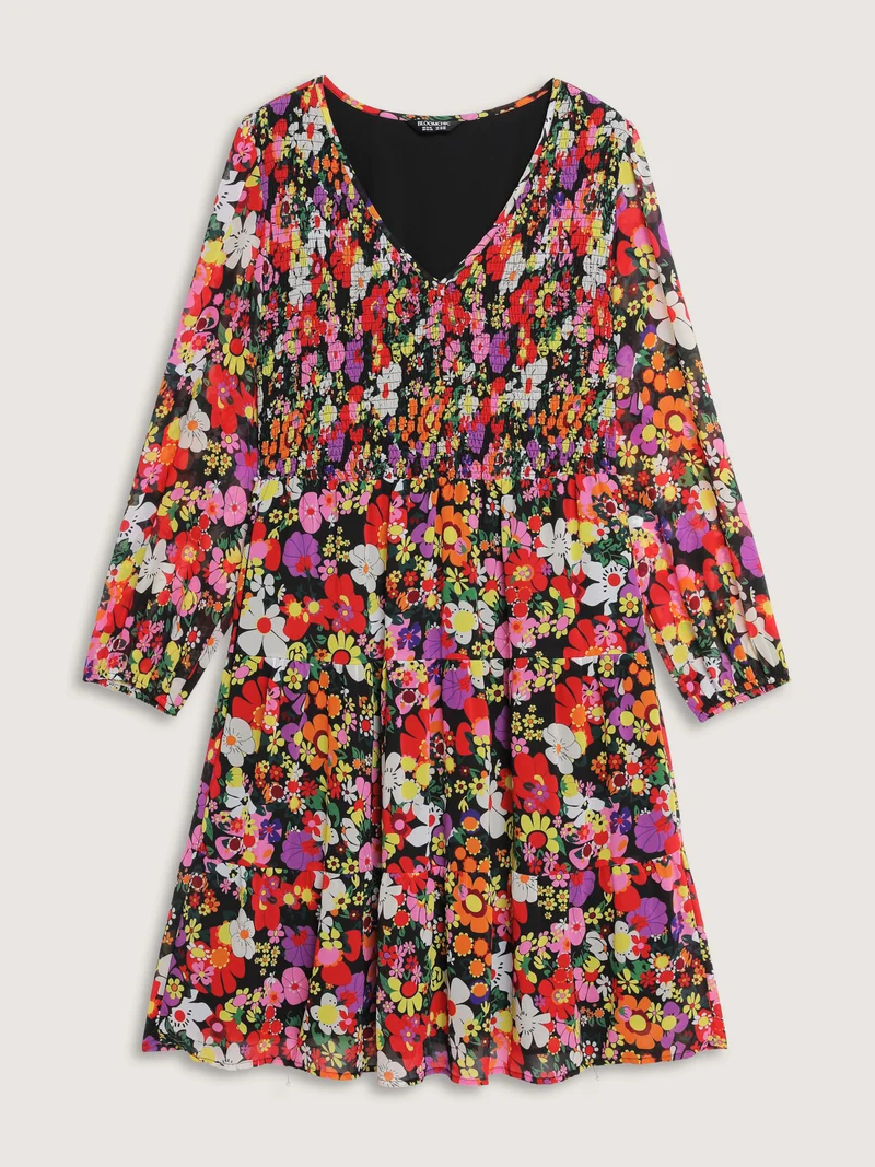 Floral Shirred Pockets Stretchy Waist Midi Dress