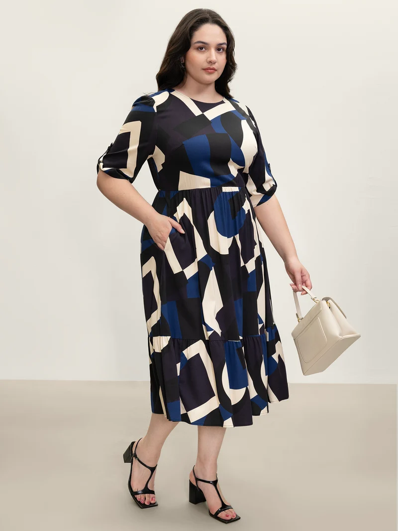Geometric Print Stretchy Waist Cuffed Midi Dress