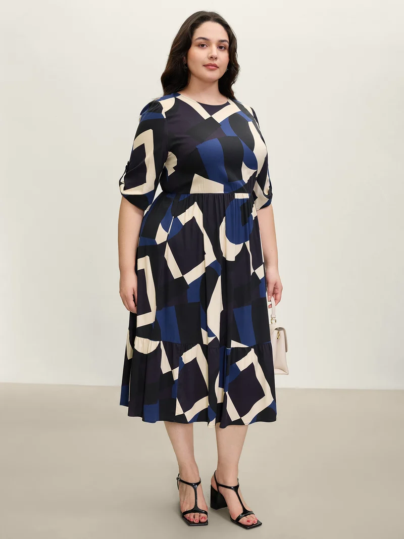 Geometric Print Stretchy Waist Cuffed Midi Dress