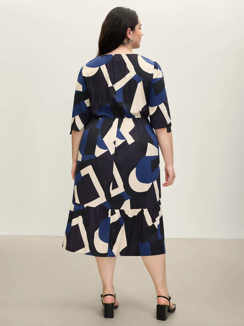 Geometric Print Stretchy Waist Cuffed Midi Dress