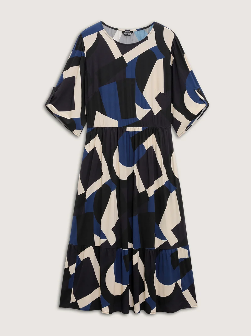 Geometric Print Stretchy Waist Cuffed Midi Dress