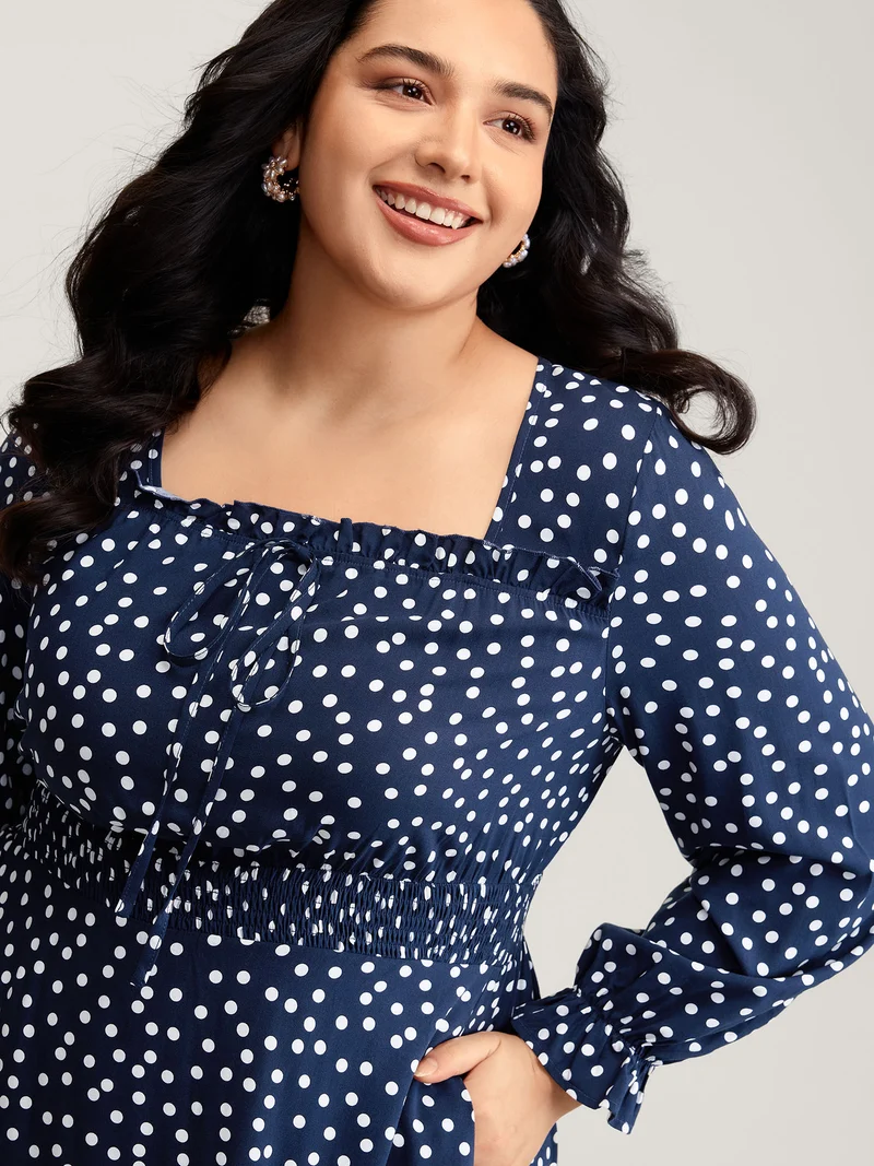 Polka Dots Shirred Drawstring Neck Midi Dress