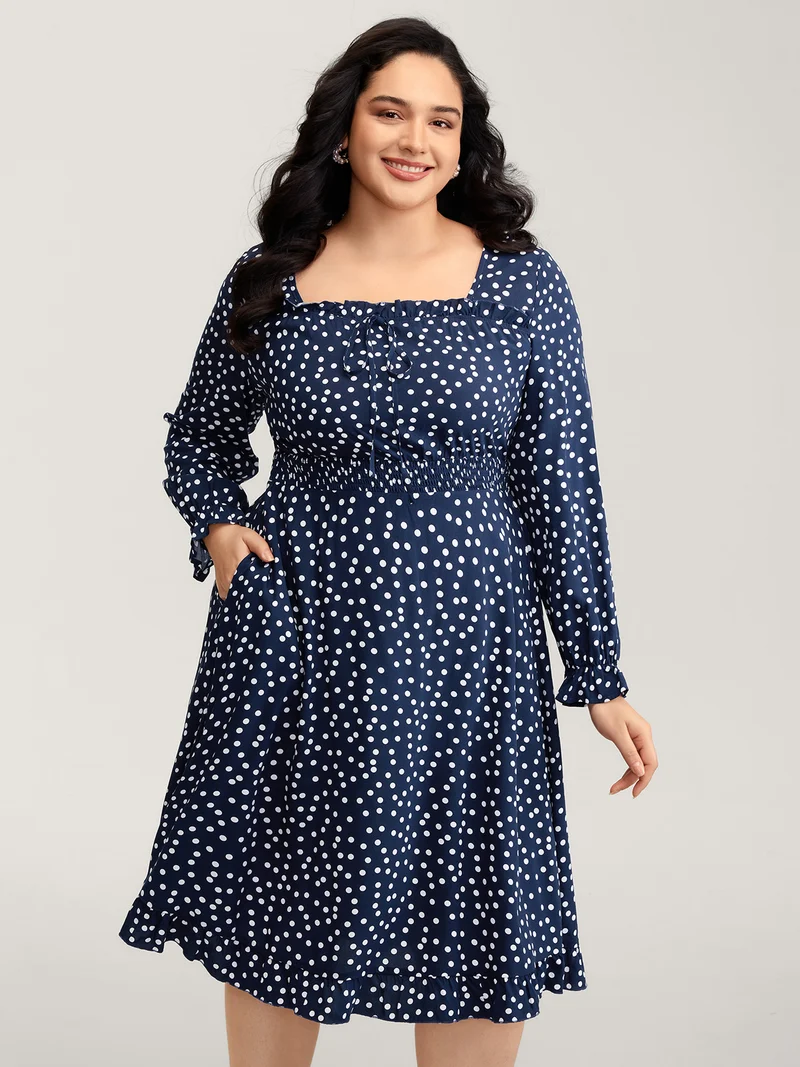 Polka Dots Shirred Drawstring Neck Midi Dress