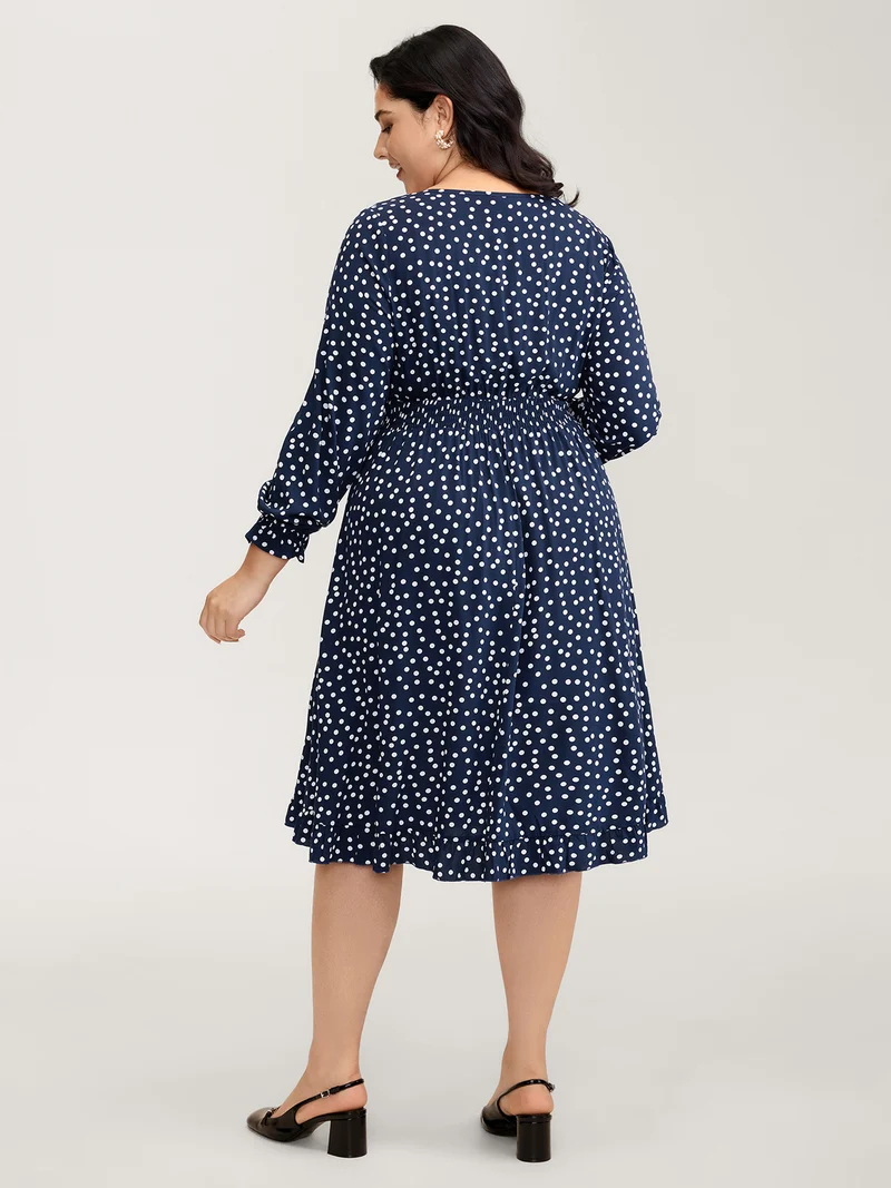 Polka Dots Shirred Drawstring Neck Midi Dress