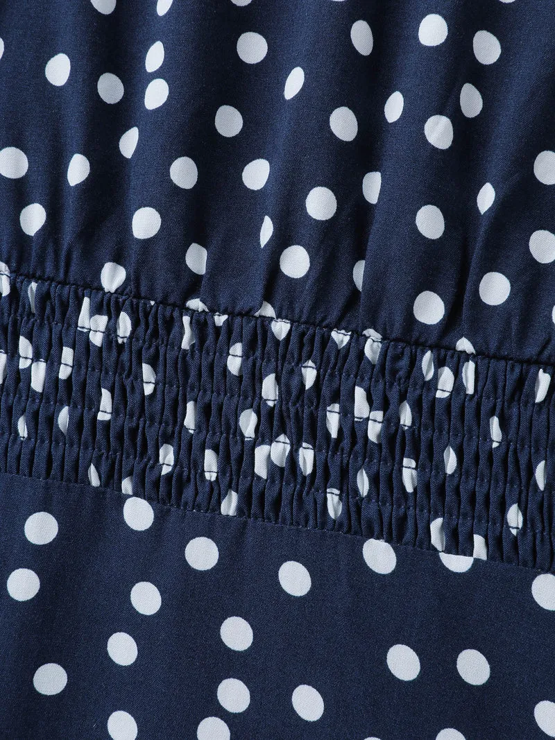 Polka Dots Shirred Drawstring Neck Midi Dress