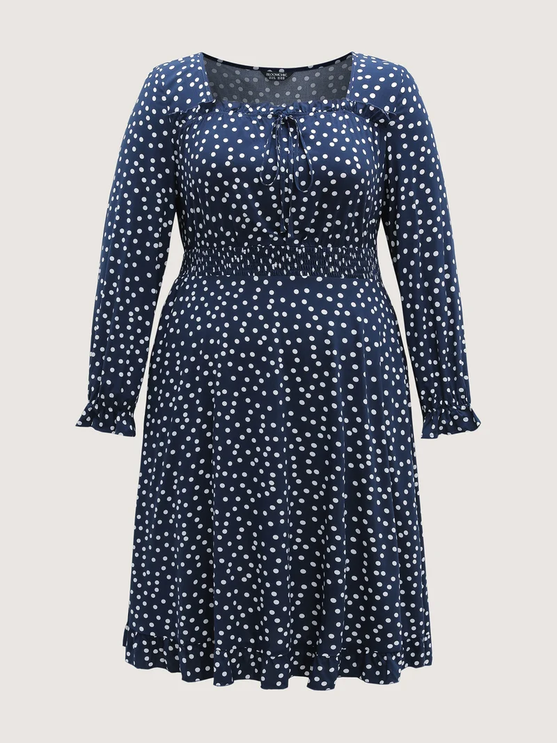 Polka Dots Shirred Drawstring Neck Midi Dress