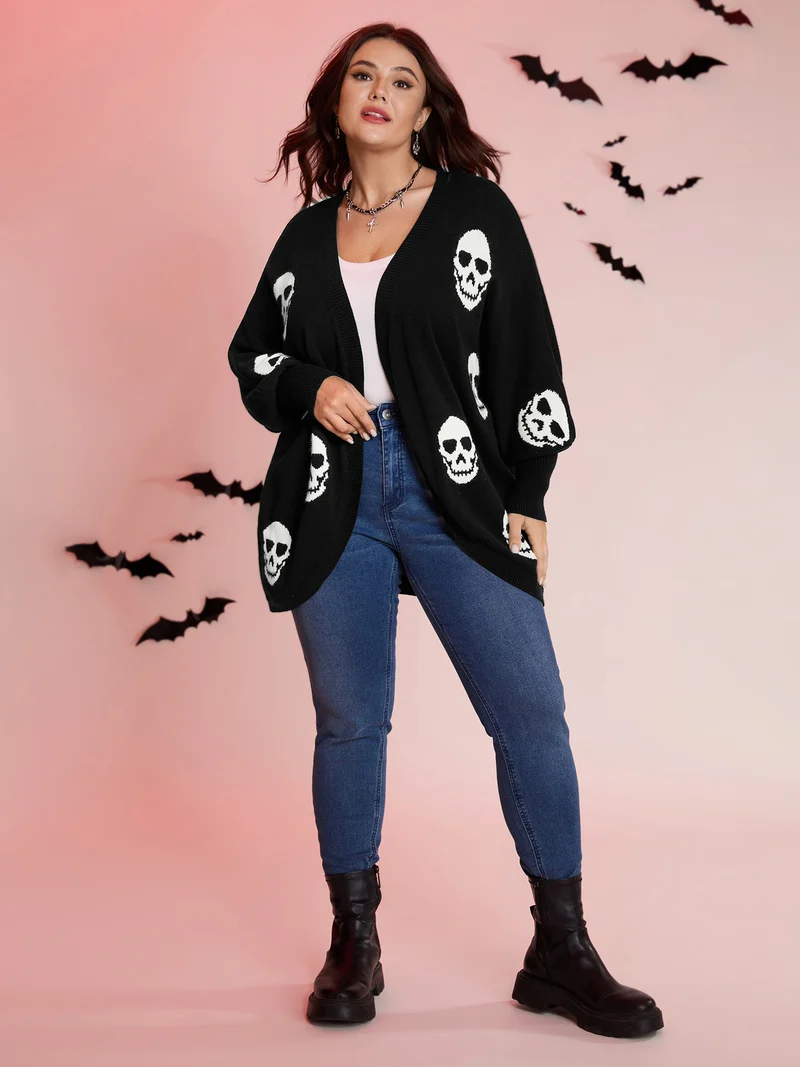 Skull Print Batwing Sleeve Knit Cardigan