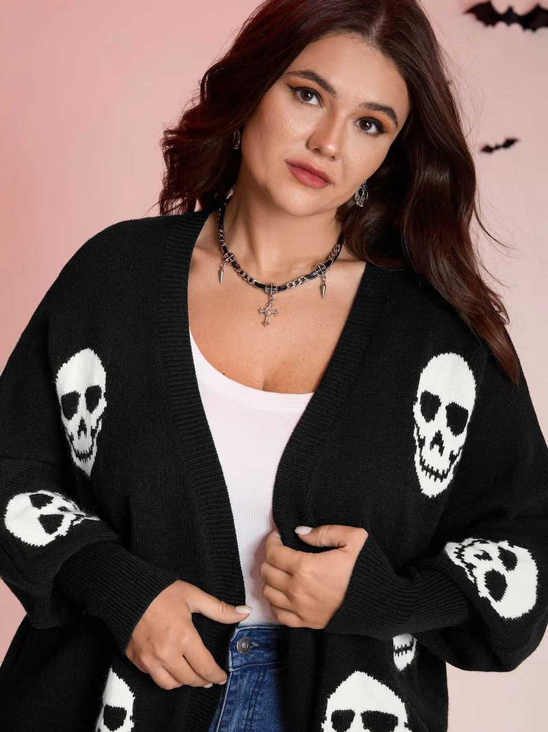 Skull Print Batwing Sleeve Knit Cardigan