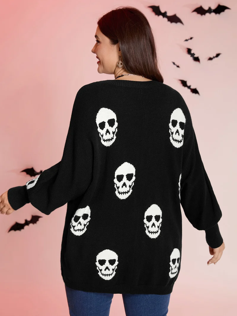 Skull Print Batwing Sleeve Knit Cardigan