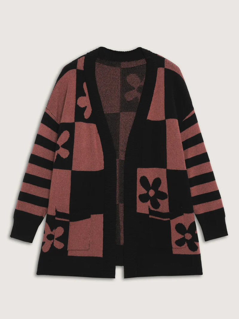 Supersoft Checkered Floral Superstretchy Knit Cardigan