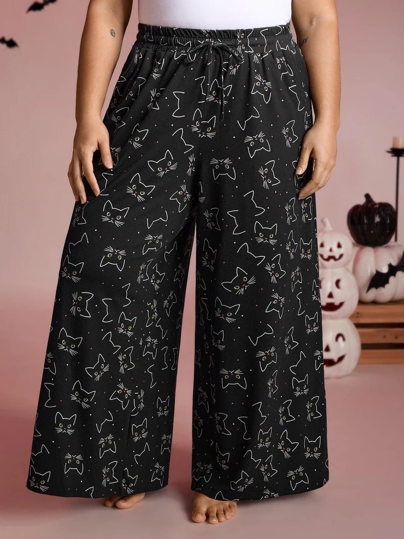 Meow Halloween Print Wide-Leg Lounge Pants