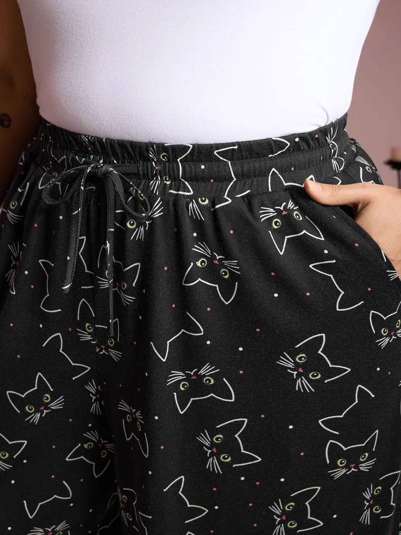 Meow Halloween Print Wide-Leg Lounge Pants