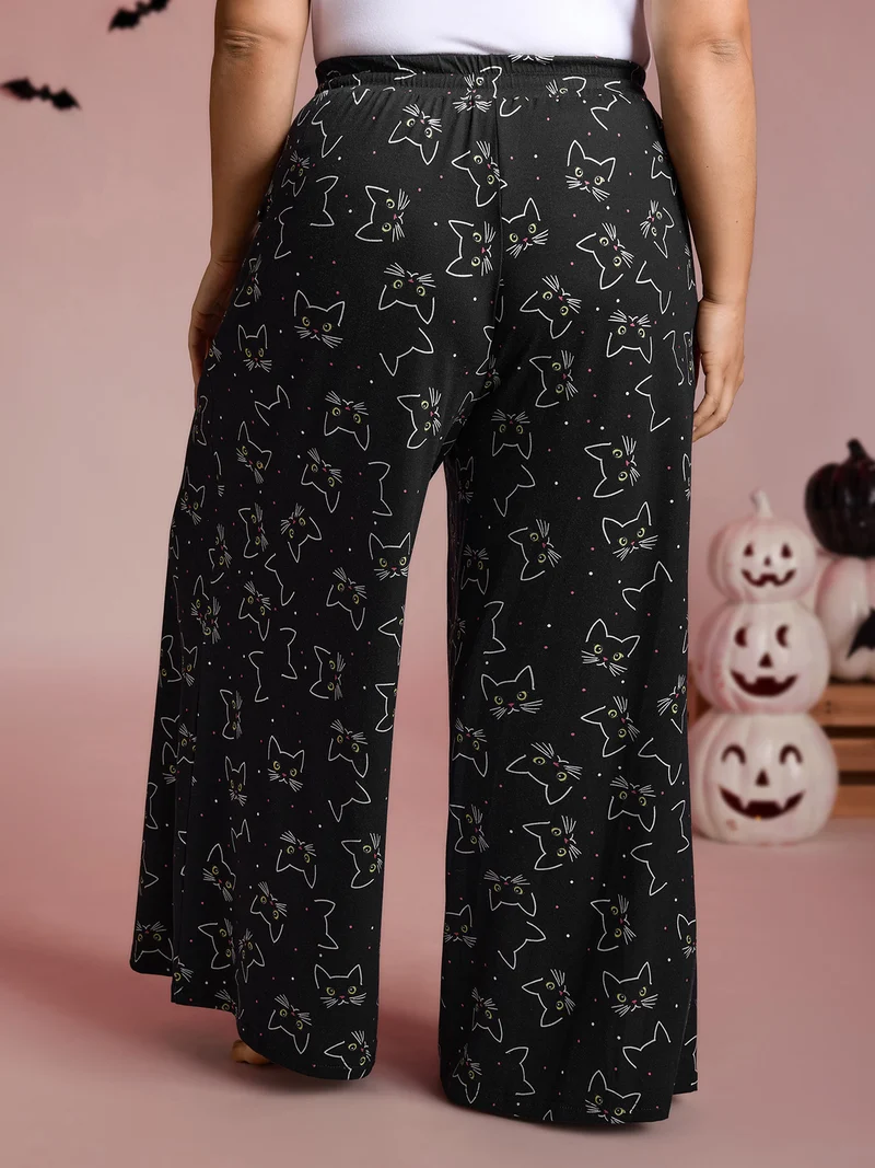 Meow Halloween Print Wide-Leg Lounge Pants