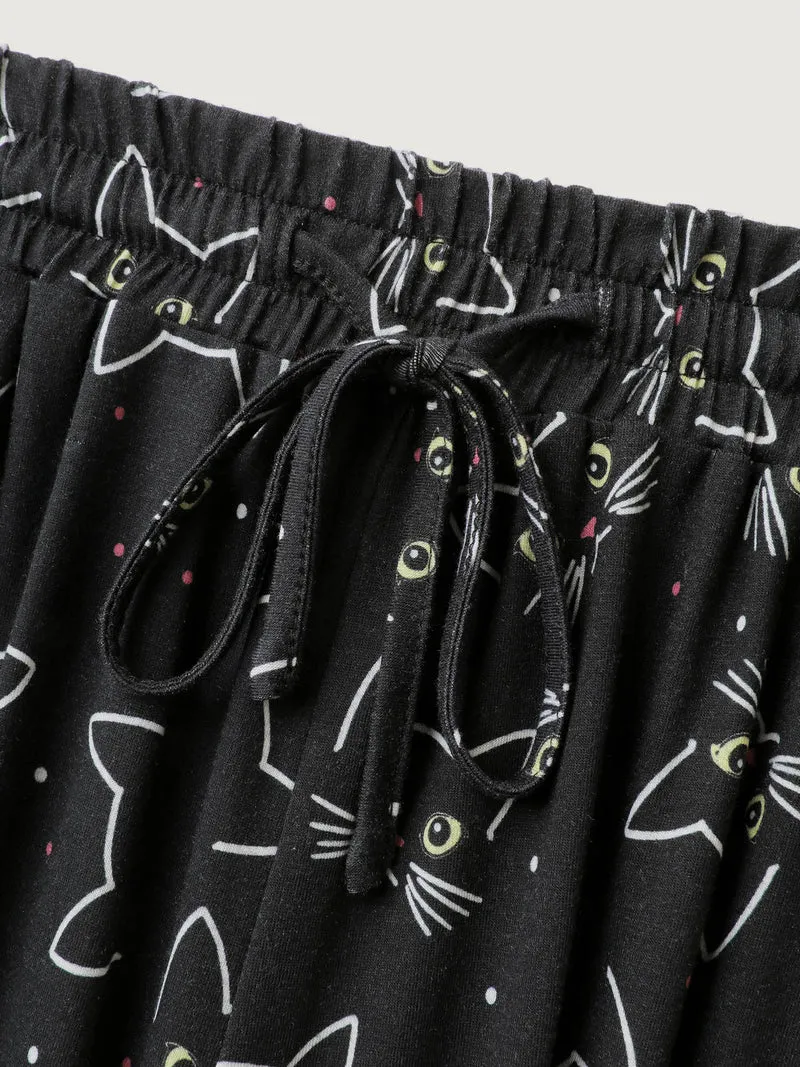 Meow Halloween Print Wide-Leg Lounge Pants