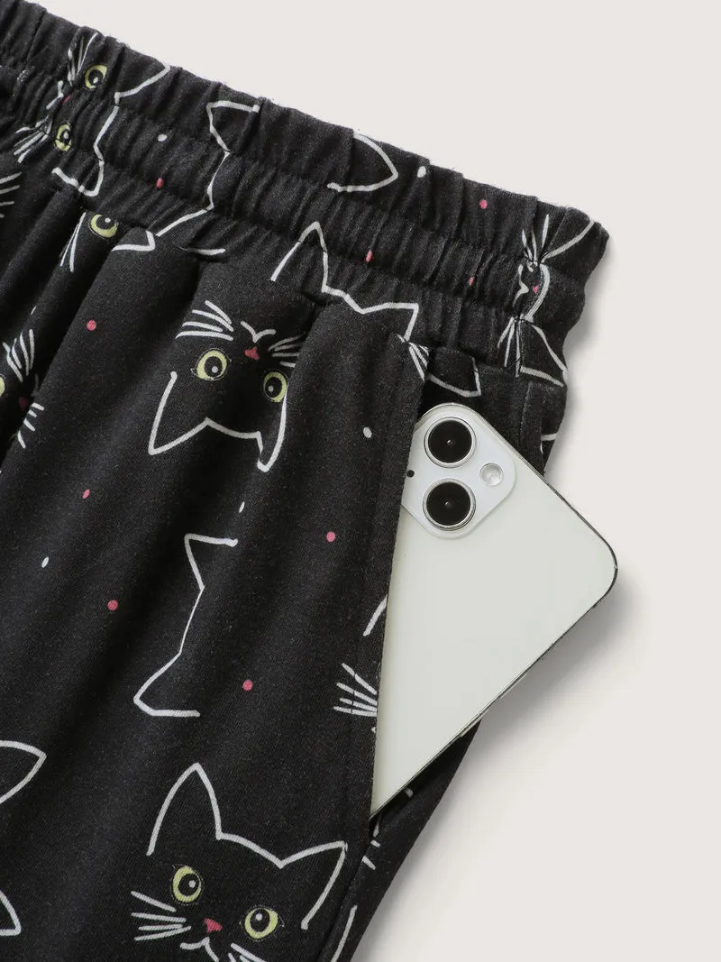 Meow Halloween Print Wide-Leg Lounge Pants