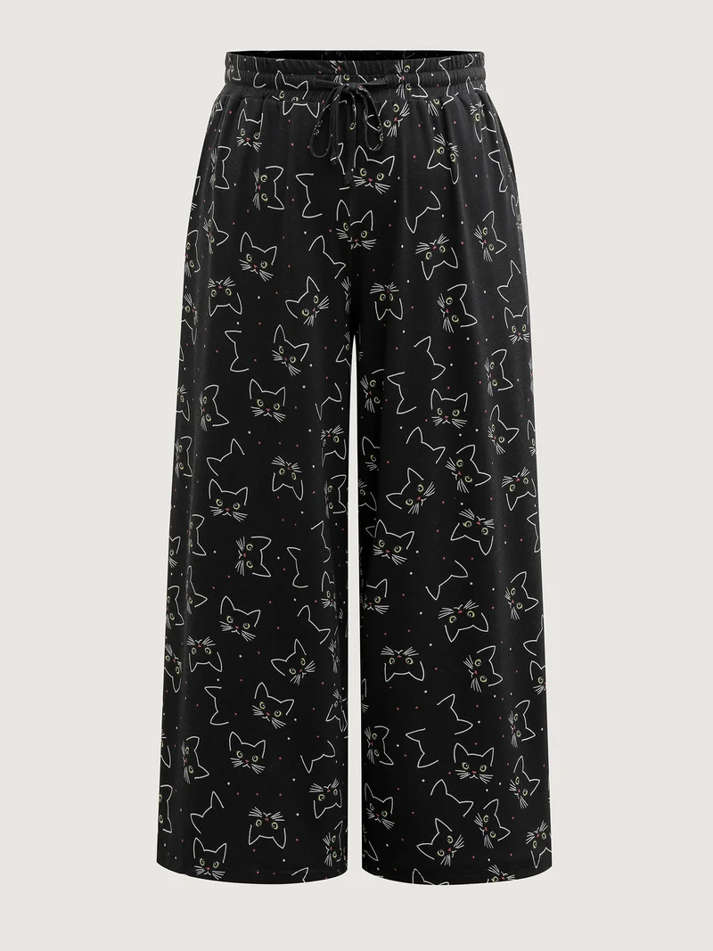 Meow Halloween Print Wide-Leg Lounge Pants