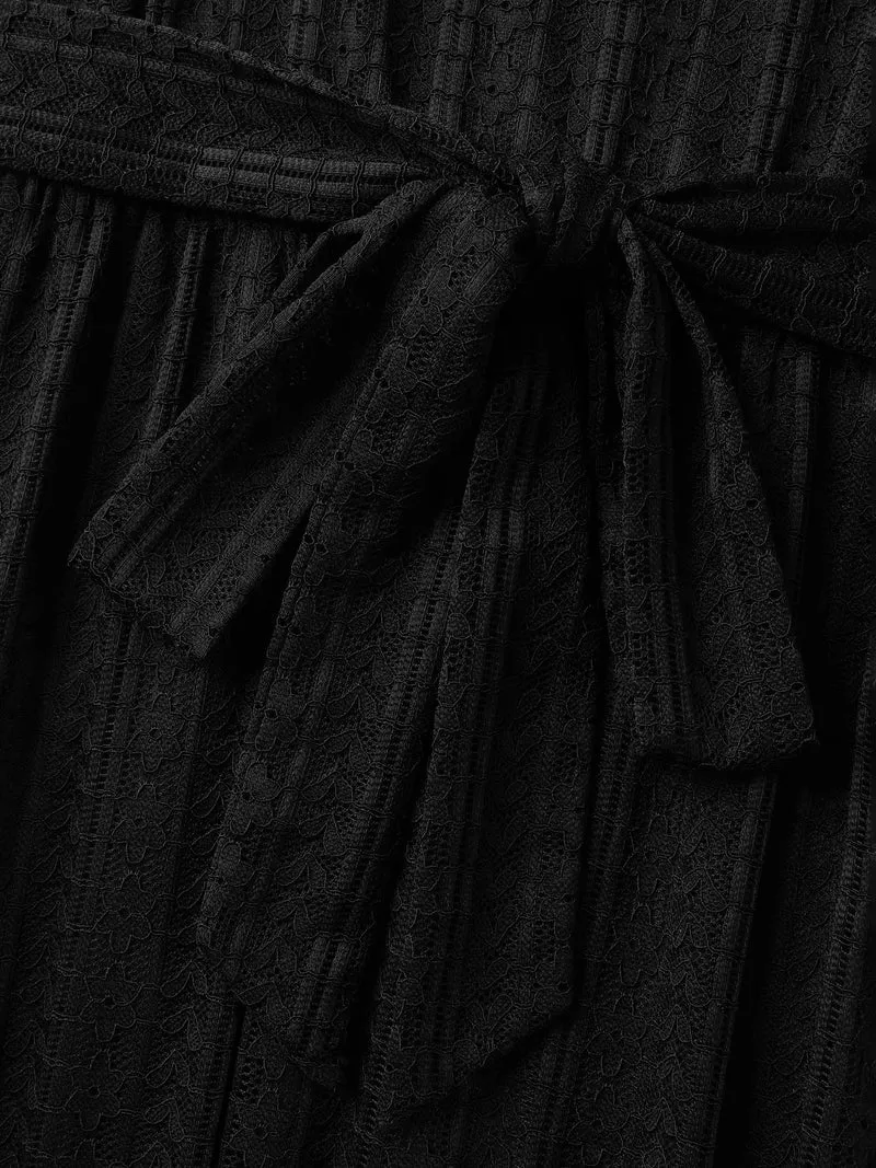 Lace Trim Sheer Stretchy Waist Midi Dress