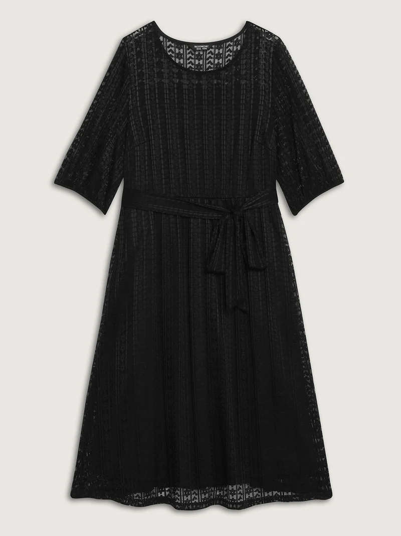 Lace Trim Sheer Stretchy Waist Midi Dress