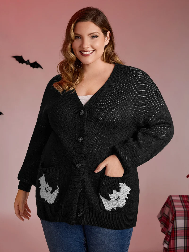 Spiderweb Bat Jacquard Pockets Knit Cardigan