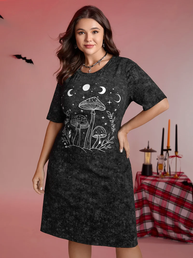 Moon Print Cinched-Waist Tie Midi Dress