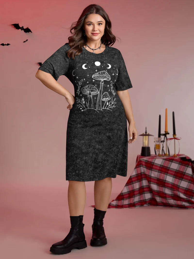 Moon Print Cinched-Waist Tie Midi Dress