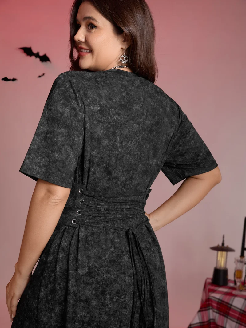 Moon Print Cinched-Waist Tie Midi Dress