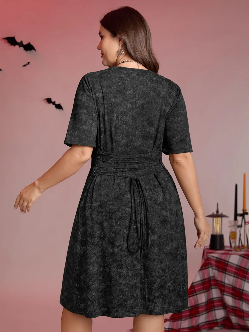 Moon Print Cinched-Waist Tie Midi Dress