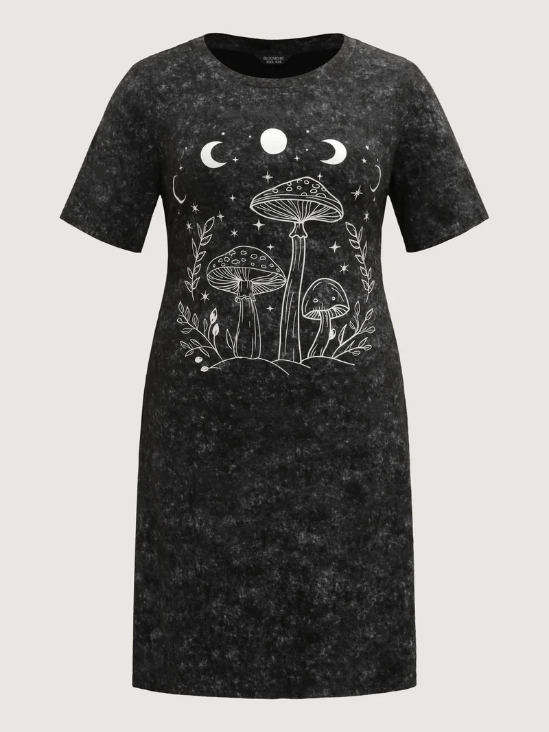 Moon Print Cinched-Waist Tie Midi Dress