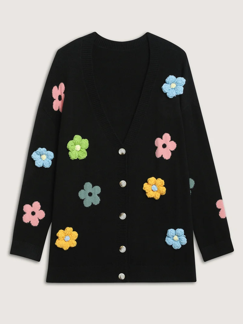 3D Floral Jacquard Embroidery Knit Cardigan