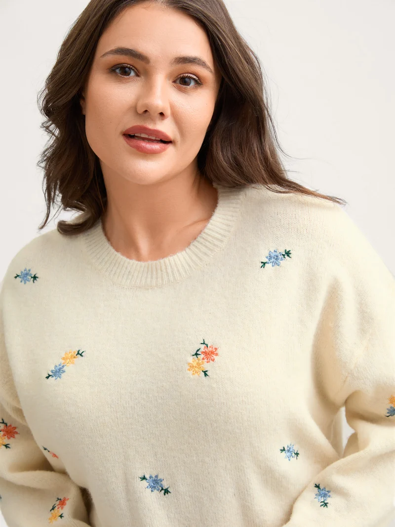 Micro Floral Embroidery Ribbed Hem Pullover