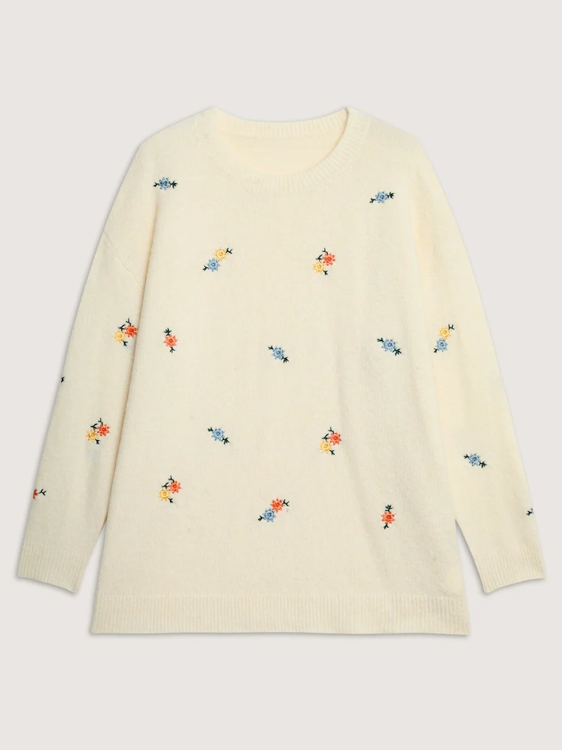 Micro Floral Embroidery Ribbed Hem Pullover