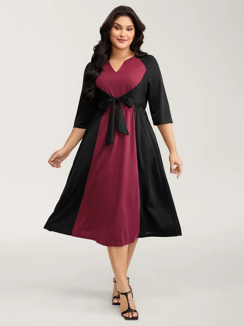 Contrast Stretchy Cinched-Waist Midi Dress