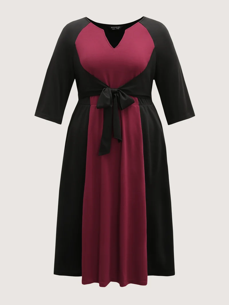 Contrast Stretchy Cinched-Waist Midi Dress