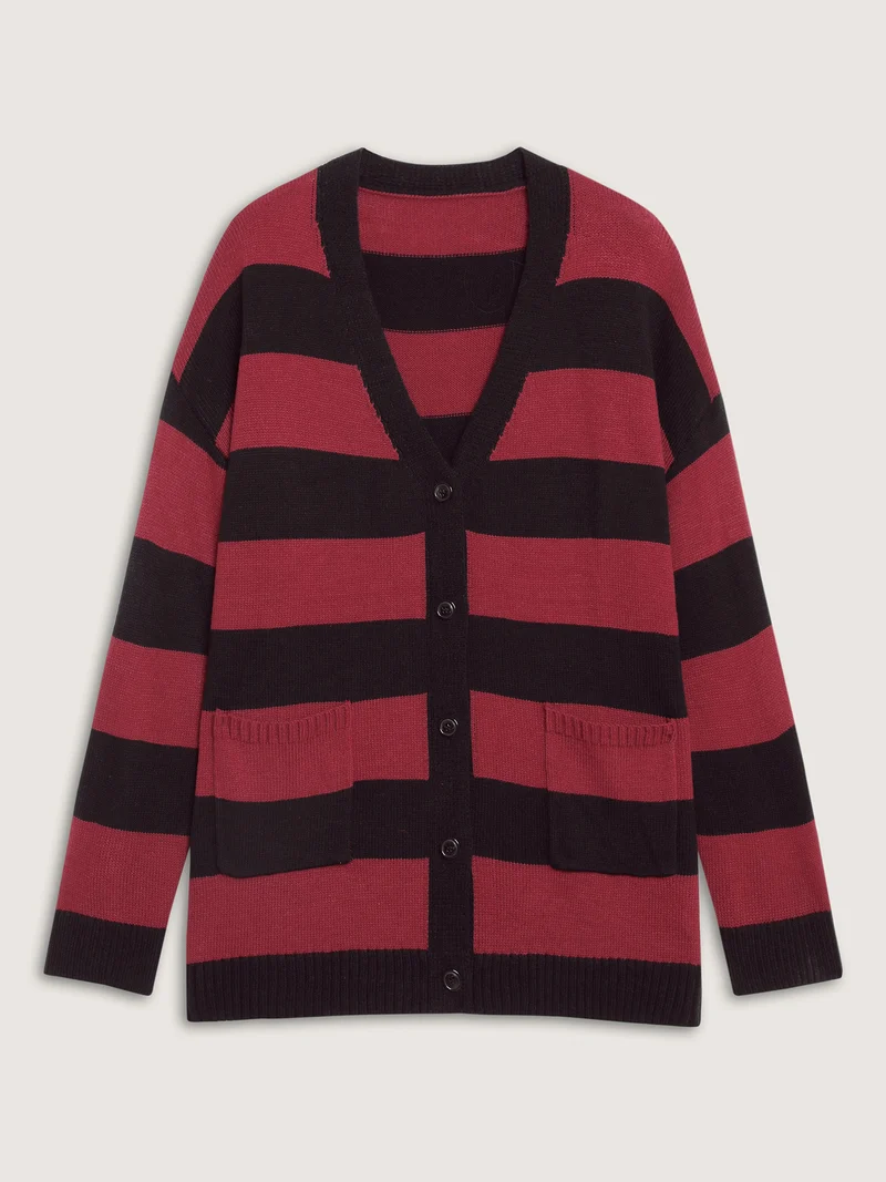 Colorblock Pockets Button Straight-Front Cardigan