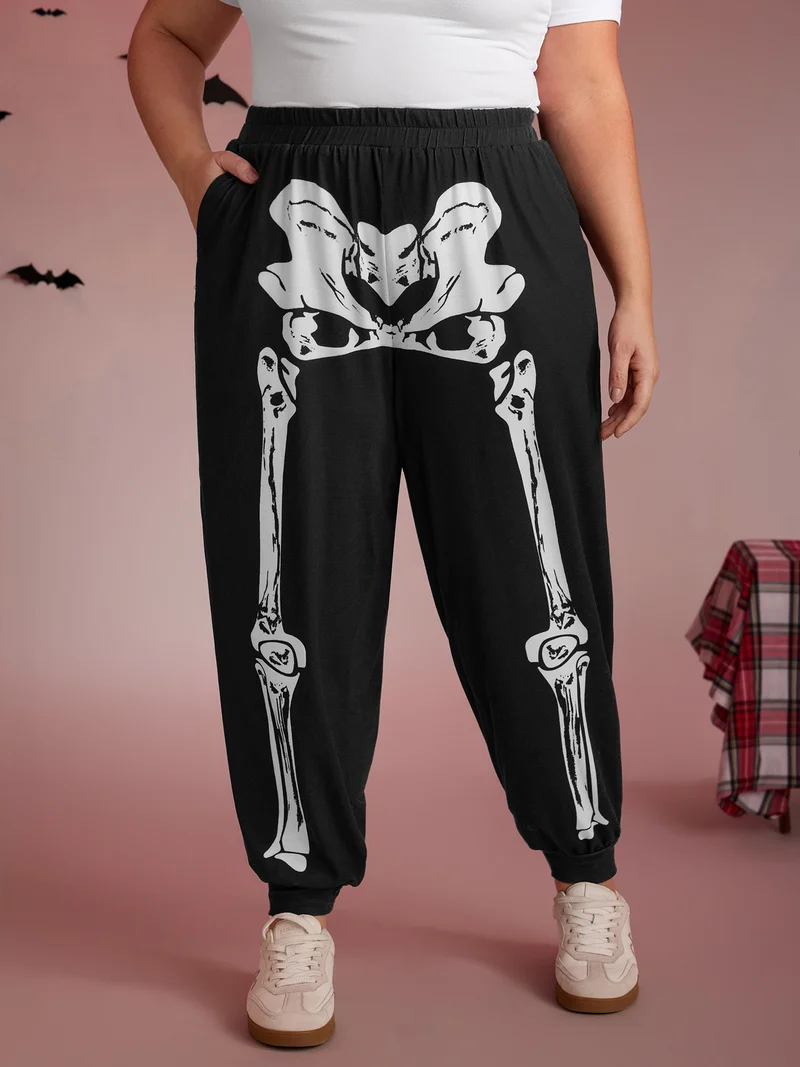Half Skeleton Halloween Print Jogger Pants