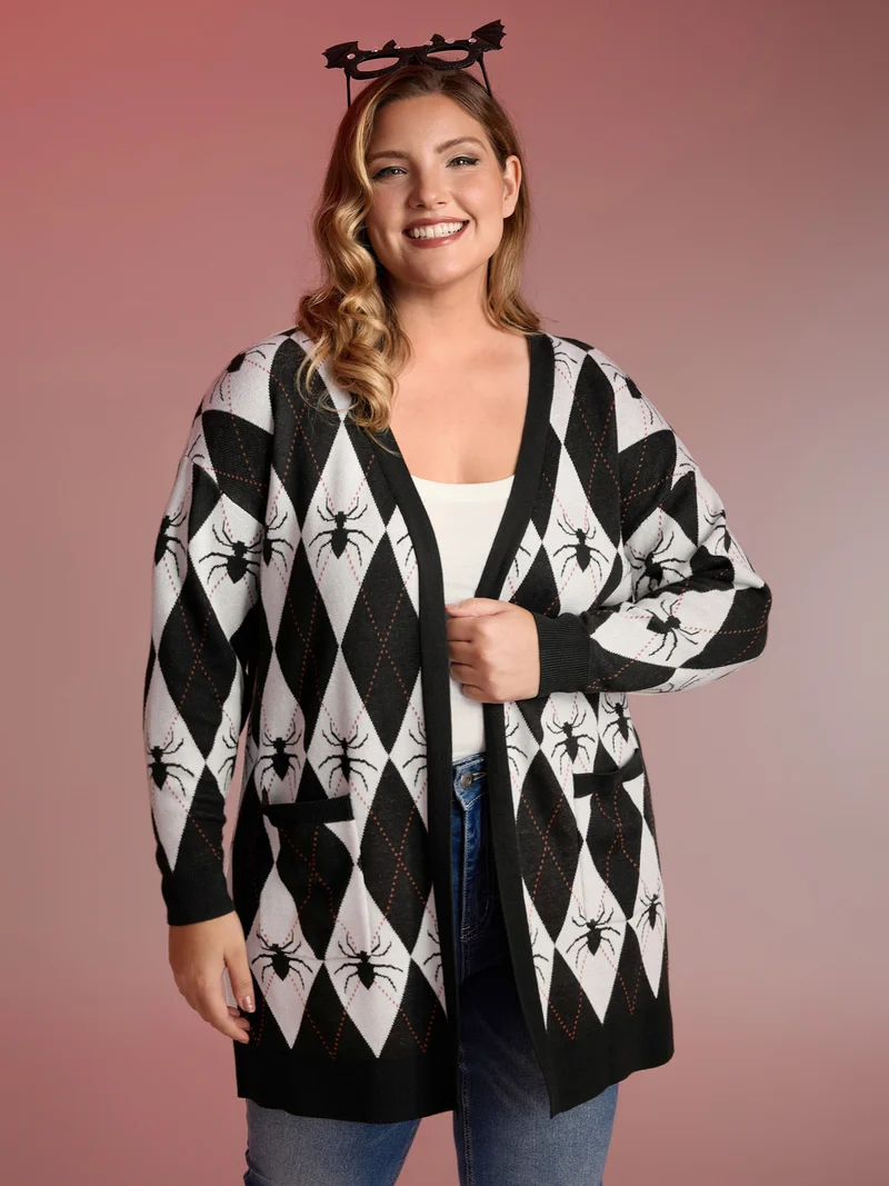 Spider Check Jacquard Pockets Knit Cardigan