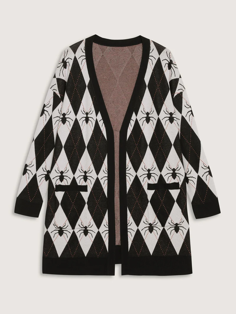 Spider Check Jacquard Pockets Knit Cardigan