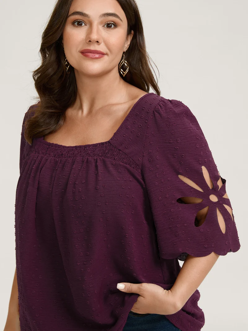 Textured Pleated Neckline Laser Cut Blouse