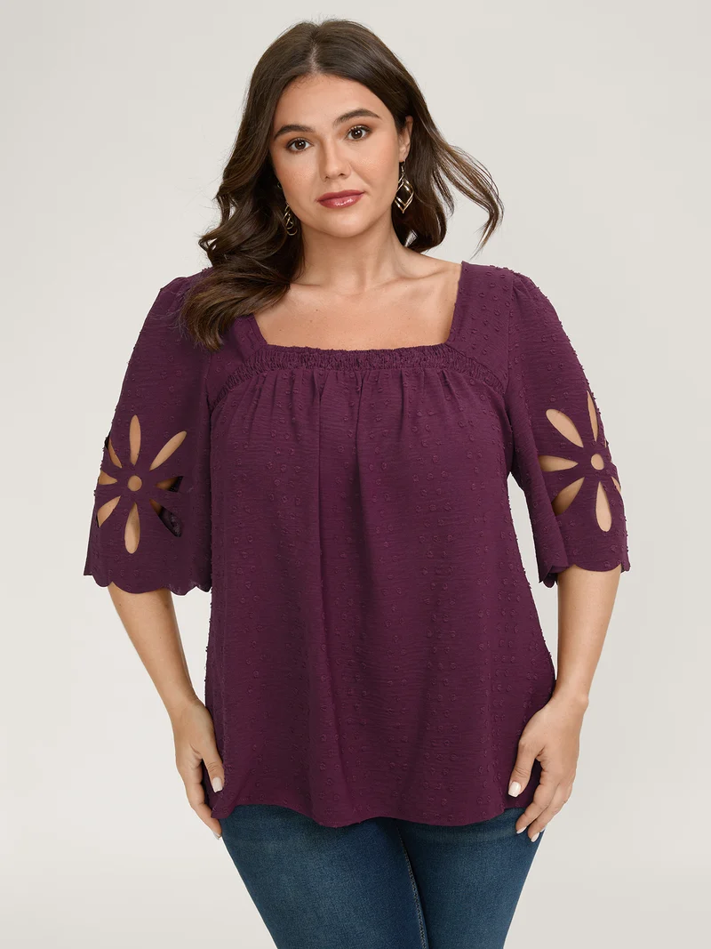 Textured Pleated Neckline Laser Cut Blouse