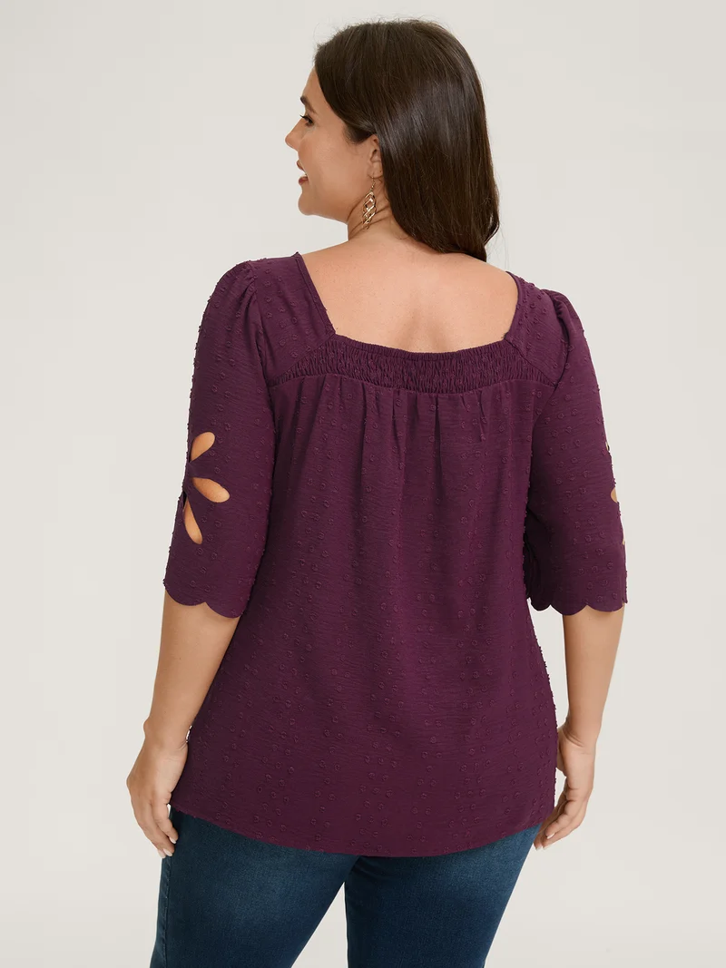 Textured Pleated Neckline Laser Cut Blouse