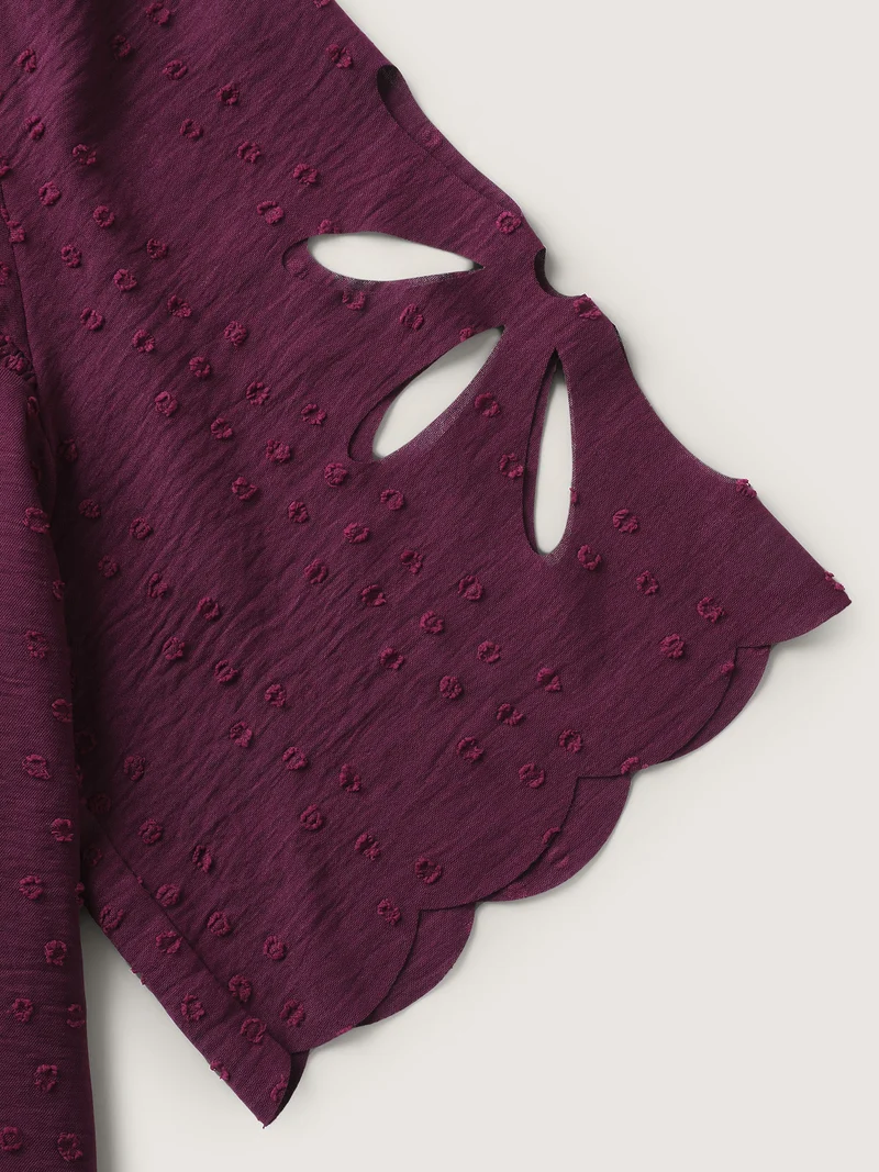 Textured Pleated Neckline Laser Cut Blouse