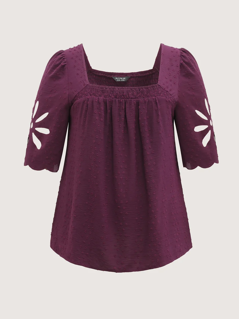 Textured Pleated Neckline Laser Cut Blouse