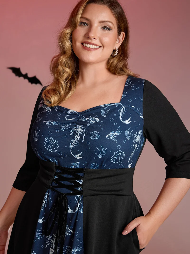 Spooky Mermaid Print Supersoft Cinched Midi Dress