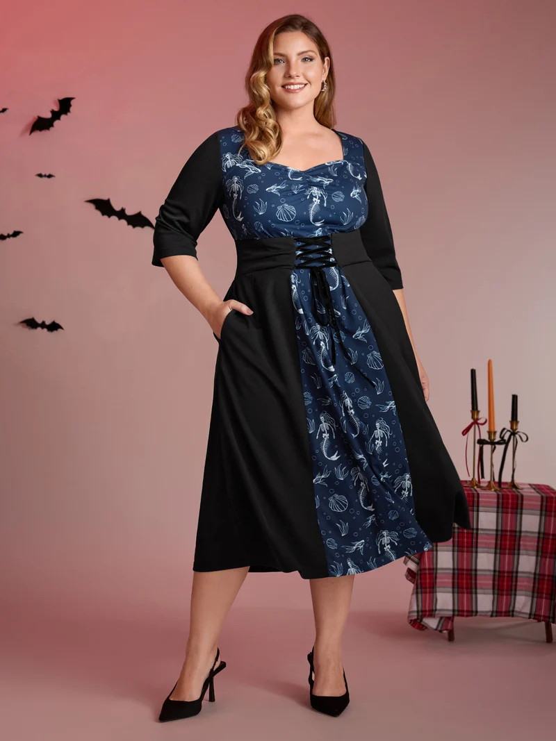 Spooky Mermaid Print Supersoft Cinched Midi Dress